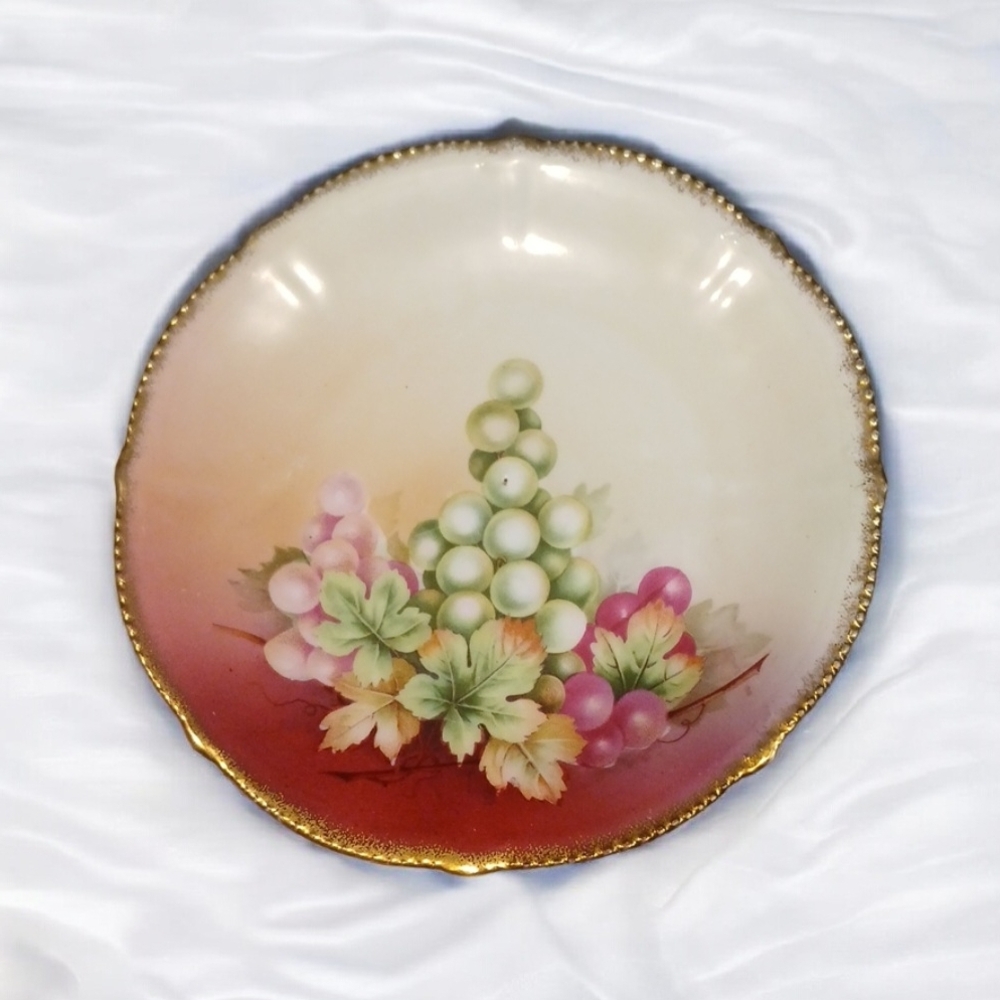 Antique Hand-painted Porcelain cabinet plate featuring a cluster of grapes